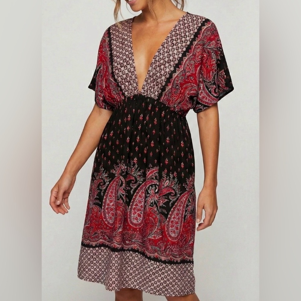 Joei & I Boho Paisley Tunic Dress Red Black V-Neck Flutter Sleeve Damask Size XL